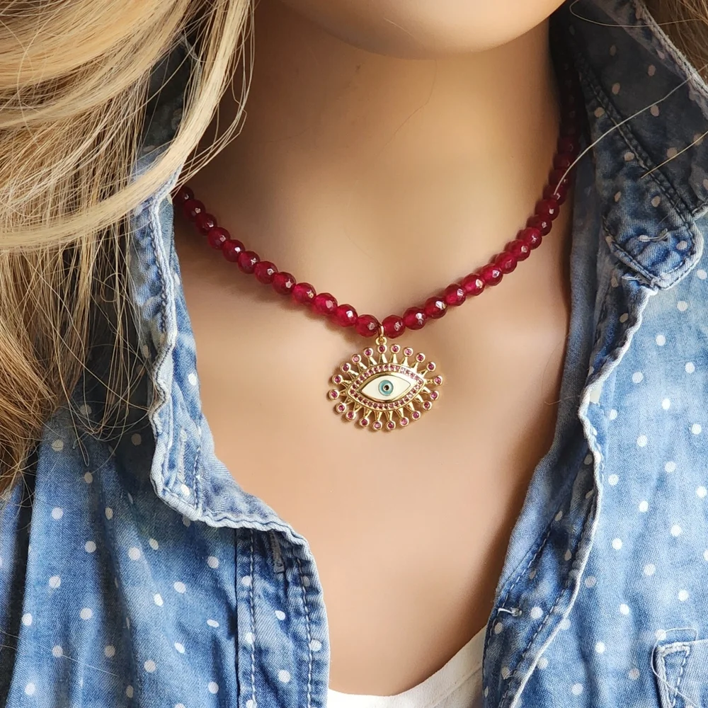 Natural Raw Garnet Stone Hypoallergenic Jewelry 14K Gold plated Eye Pendant